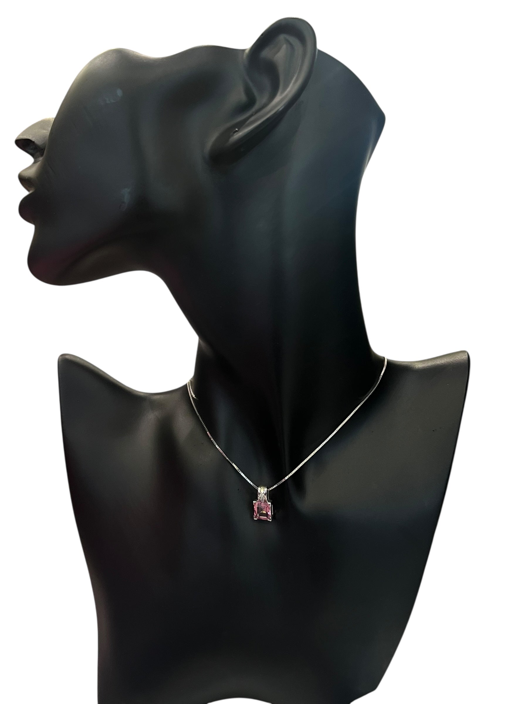 10K White Gold Pink Topaz and Diamond Necklace 18" - White gold