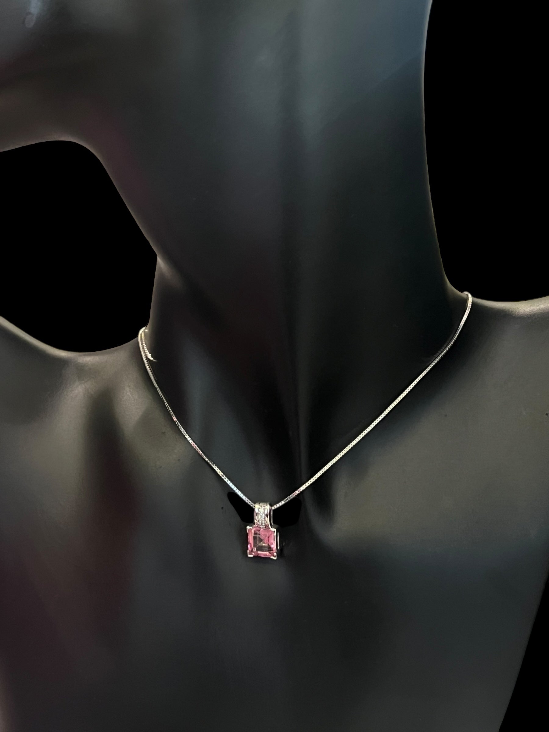 10K White Gold Pink Topaz and Diamond Necklace 18" - White gold