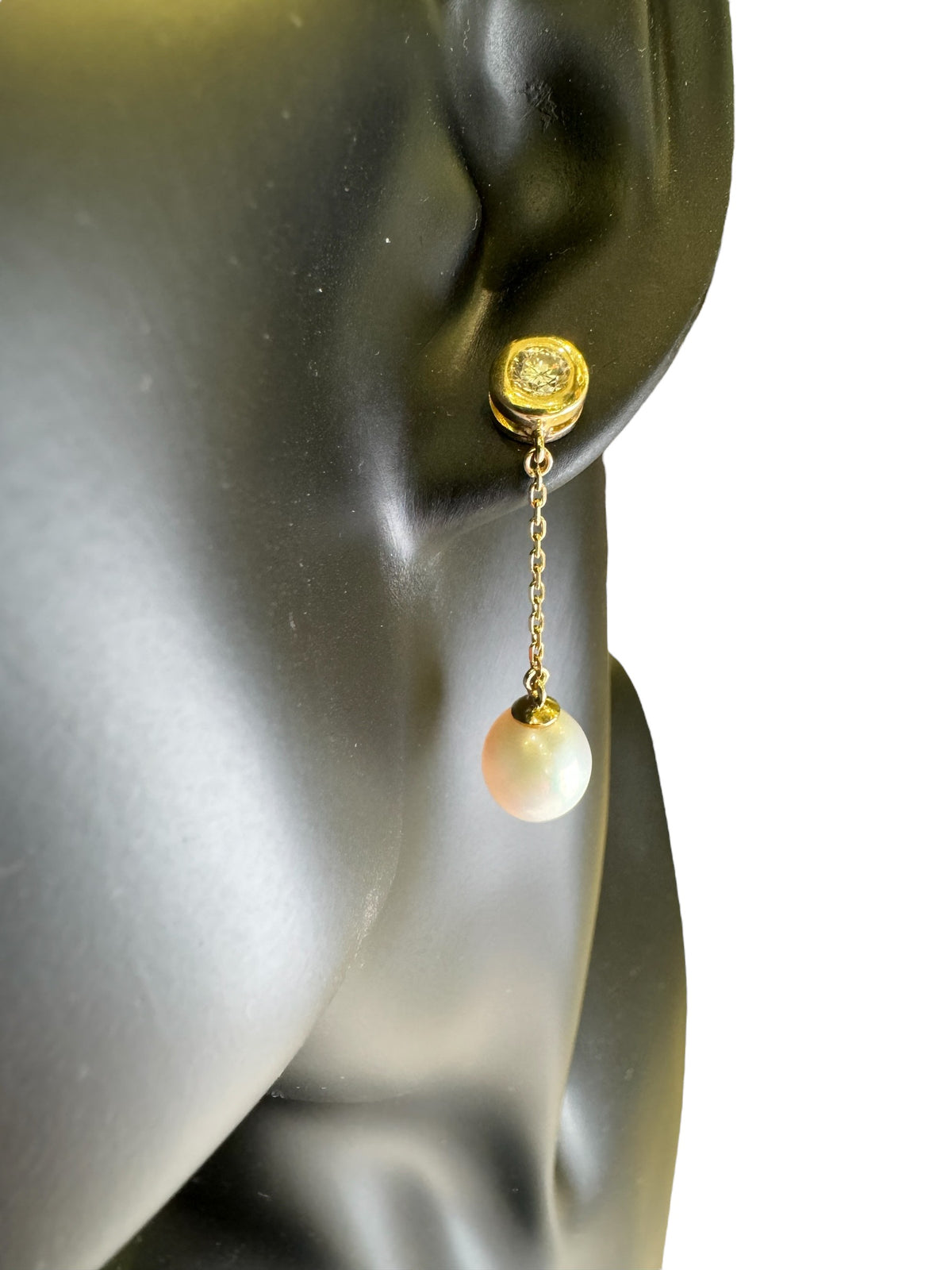 14K Yellow Gold Pearl and Diamond Dangle Earrings