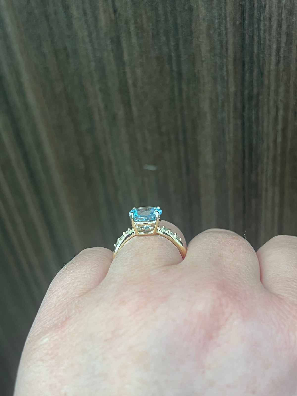 10K Yellow Gold 9mm Cushion Cut Sky Blue Topaz and 0.12cttw Diamond Ring