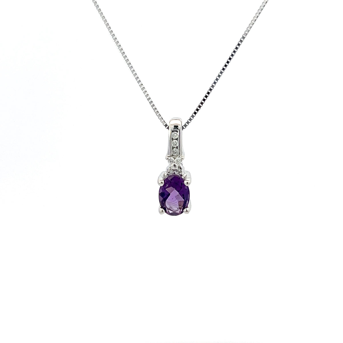 10K White Gold Amethyst and Diamond Pendant - 18&quot;