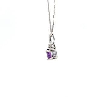 10K White Gold Amethyst and Diamond Pendant - 18"