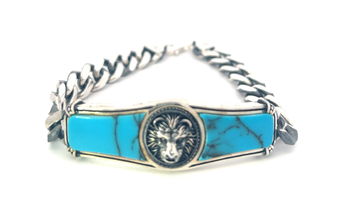 925 Sterling Silver Turquoise Lion Head Bracelet - 8.5 Inches