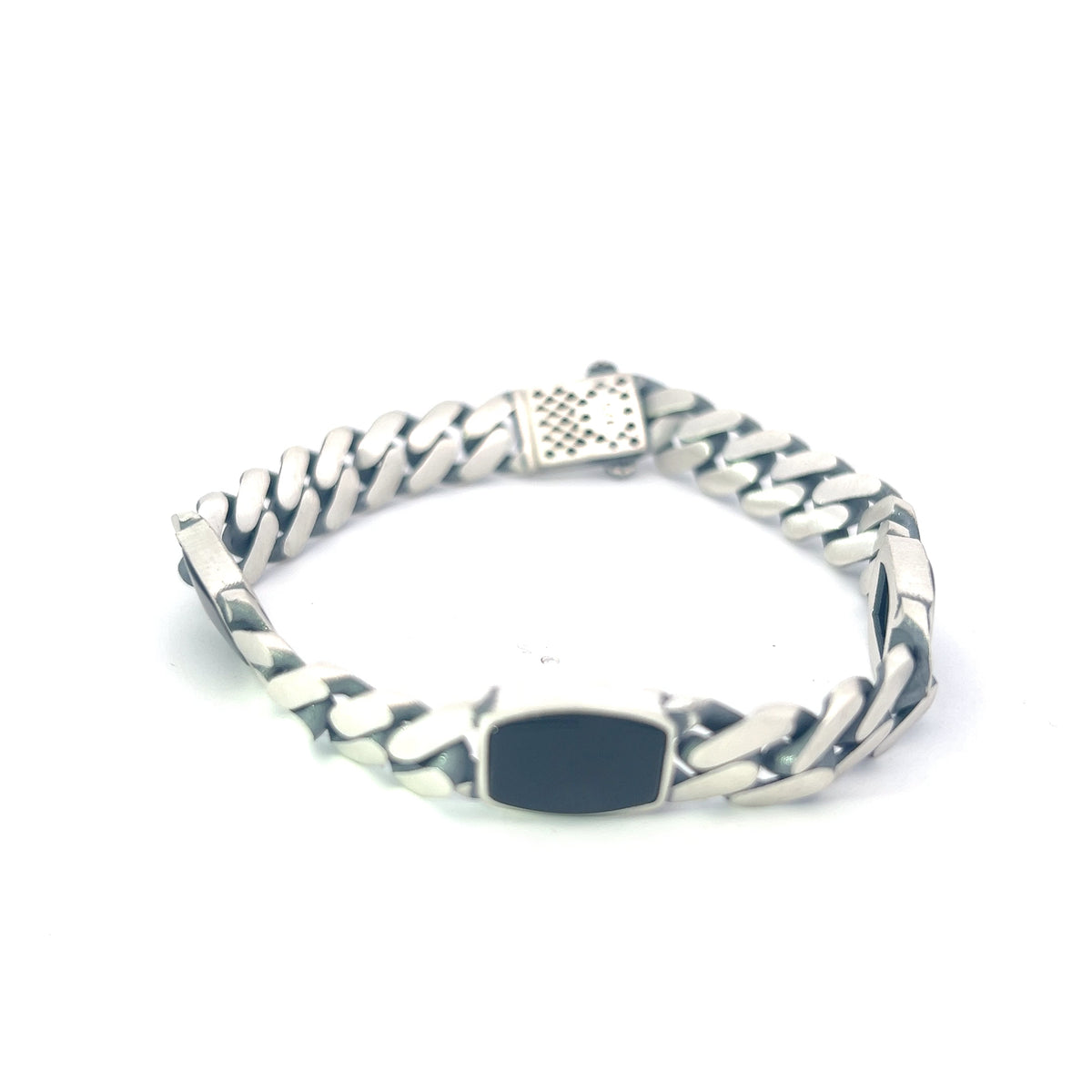 925 Silver 10.5mm Miami Curb Bracelet with Onyx  - 8.0 Inches