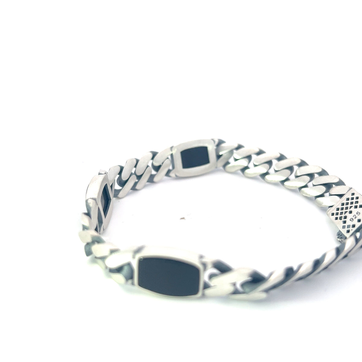 925 Silver 10.5mm Miami Curb Bracelet with Onyx  - 8.0 Inches