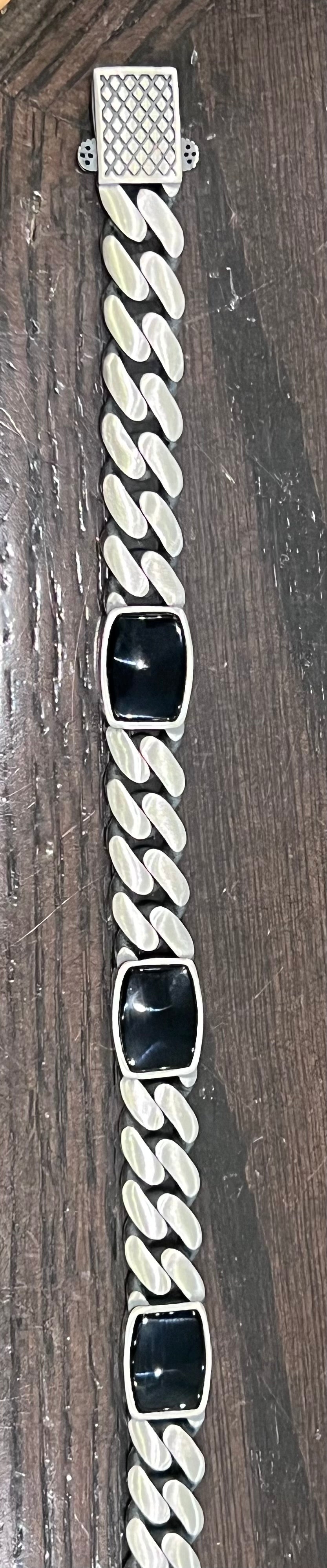 925 Silver 10.5mm Miami Curb Bracelet with Onyx  - 8.0 Inches