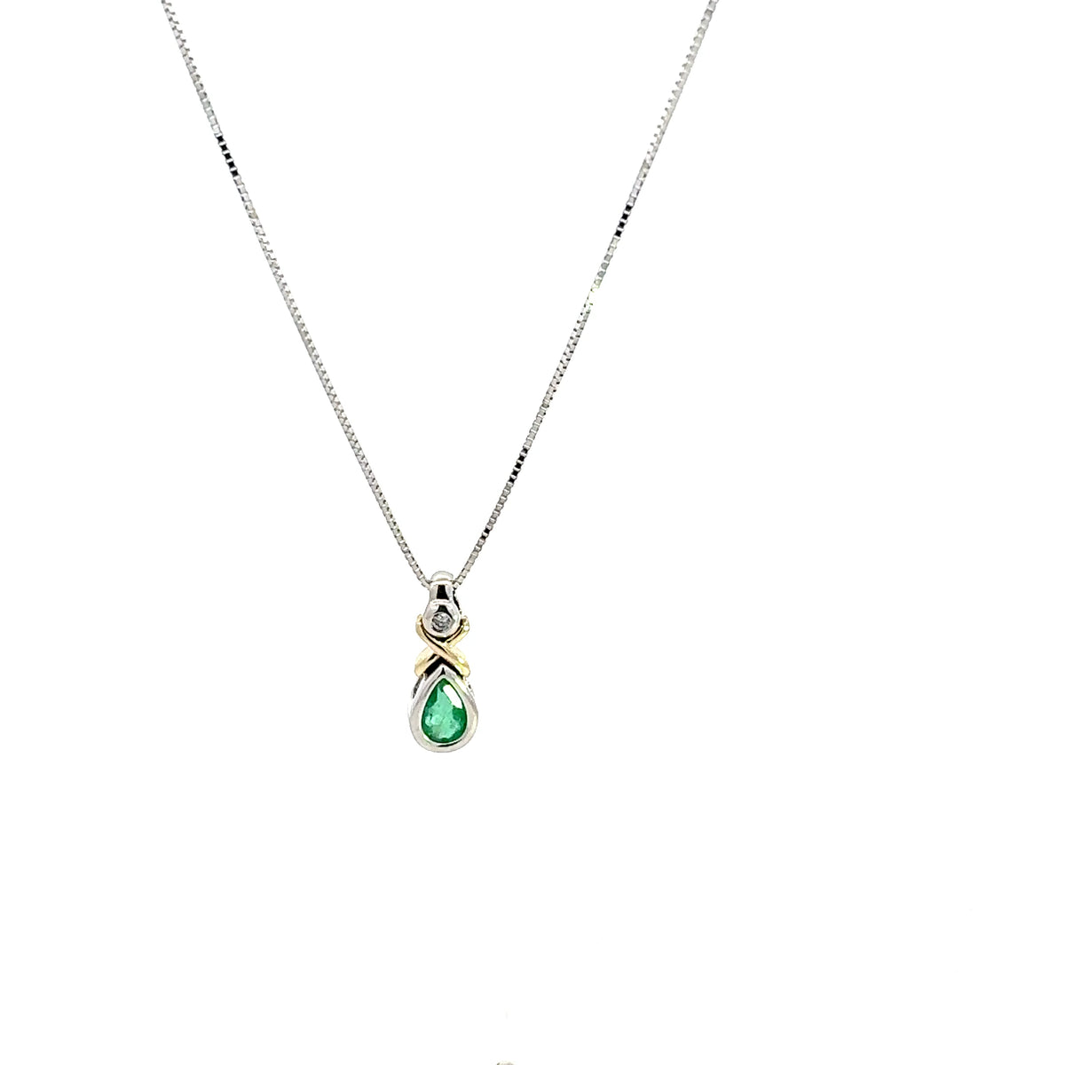 10K White and Yellow Gold 0.015 cttw Diamond and Emerald Pendant, 18&quot;