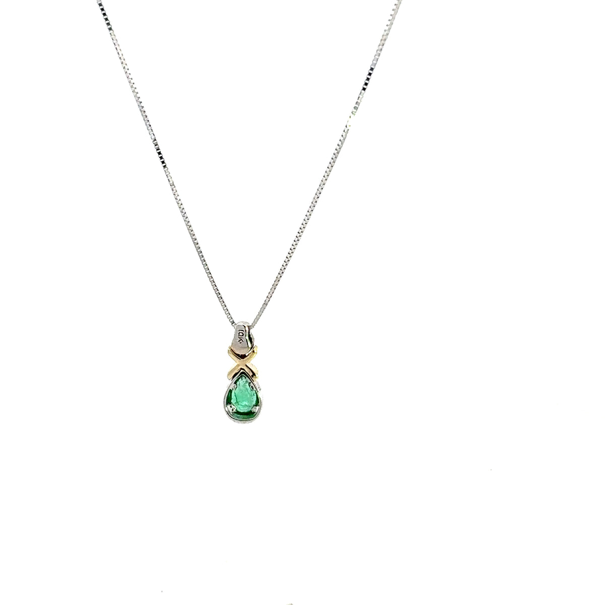 10K White and Yellow Gold 0.015 cttw Diamond and Emerald Pendant, 18&quot;