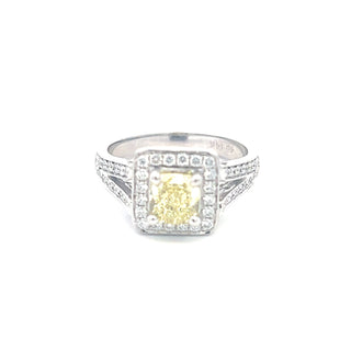 Anillo de compromiso con halo de diamantes amarillos naturales de lujo de 1,52 quilates de oro blanco de 14 quilates, tamaño 6,5