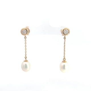 14K Yellow Gold Pearl and Diamond Dangle Earrings