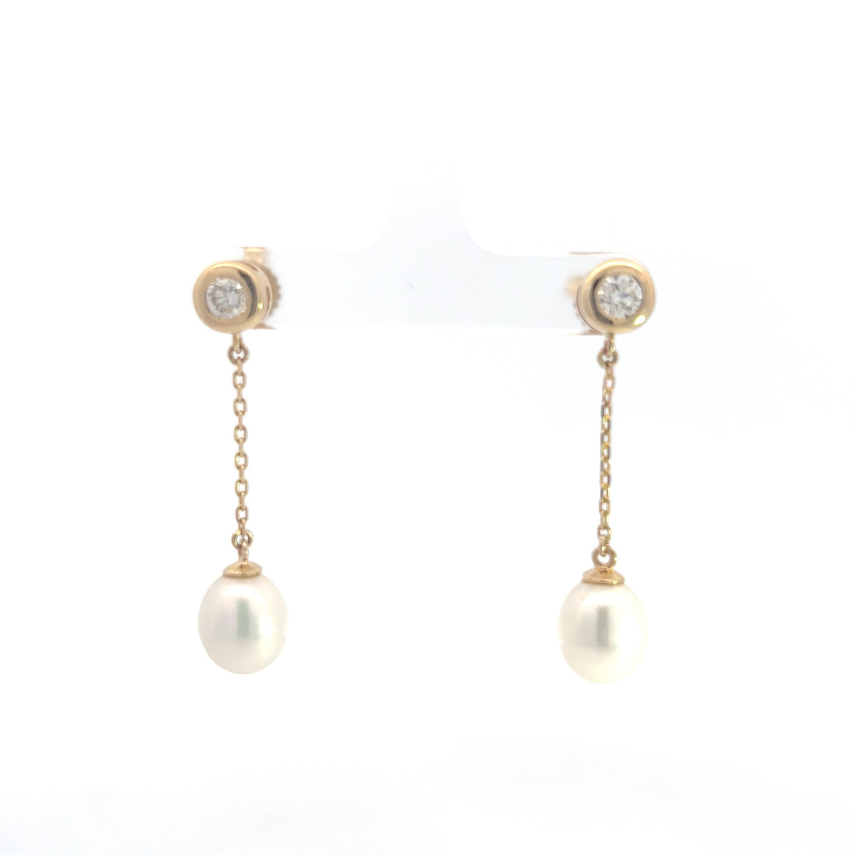 14K Yellow Gold Pearl and Diamond Dangle Earrings