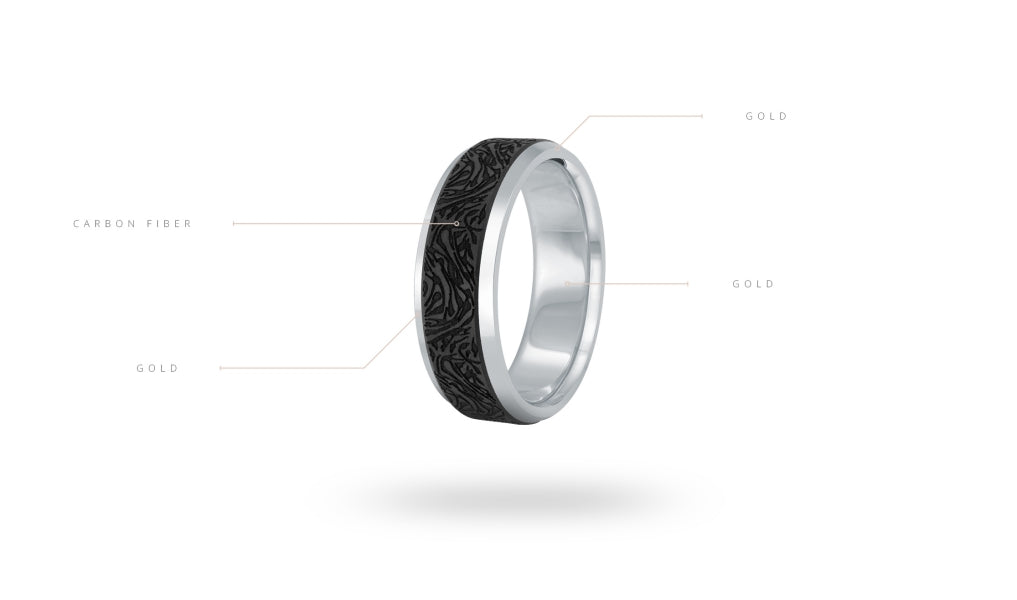 14K White Gold and Carbon-Fiber Mens Band