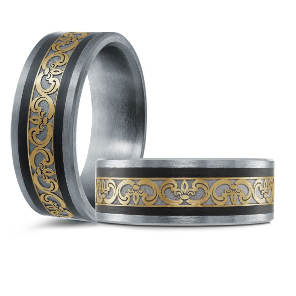 14K Two-Tone Gold and Carbon-Fiber Mens Band