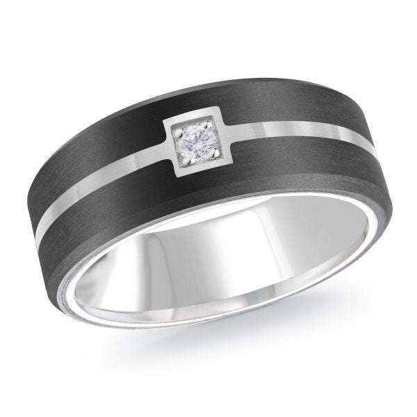 14K White Gold and Carbon-Fiber and 0.05cttw Diamond Mens Band