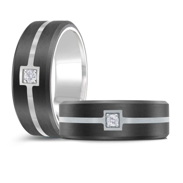 14K White Gold and Carbon-Fiber and 0.05cttw Diamond Mens Band