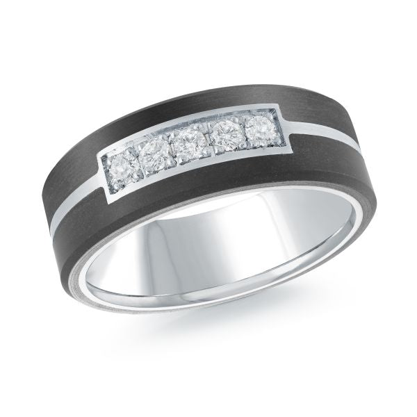 14K White Gold and Carbon-Fiber and 0.15cttw Diamond Mens Band