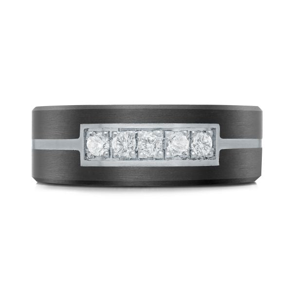 14K White Gold and Carbon-Fiber and 0.15cttw Diamond Mens Band