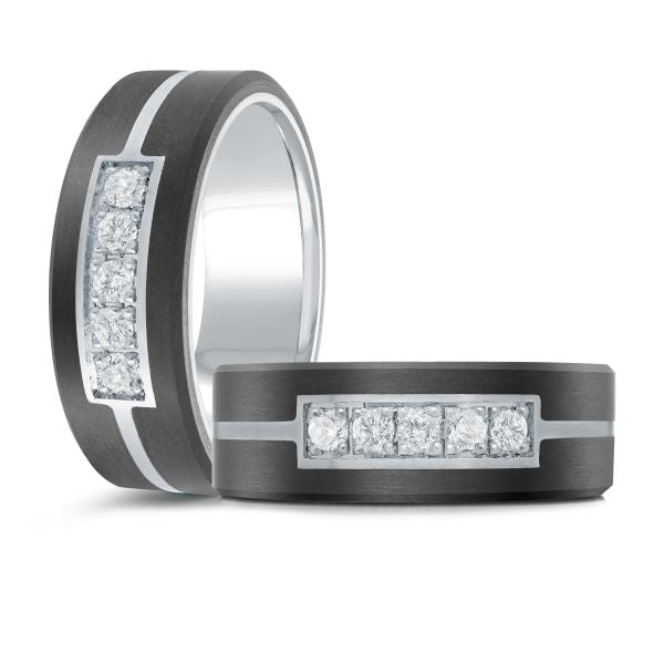 14K White Gold and Carbon-Fiber and 0.15cttw Diamond Mens Band