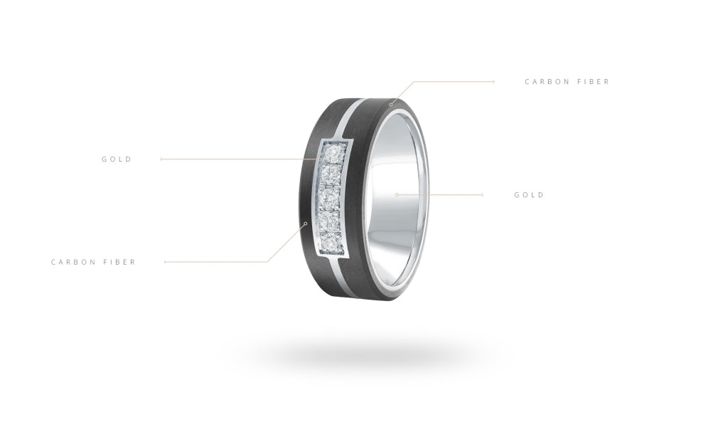 14K White Gold and Carbon-Fiber and 0.15cttw Diamond Mens Band