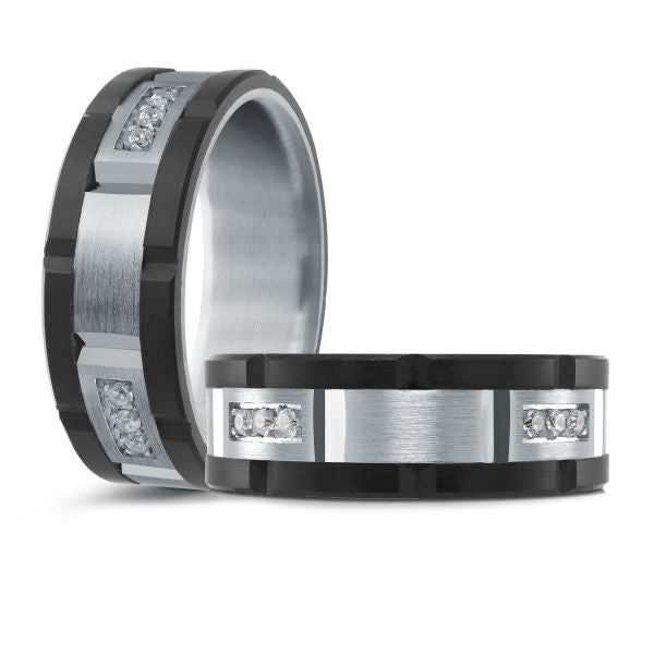 14K White Gold and Carbon-Fiber and 0.24cttw Diamond Mens Band