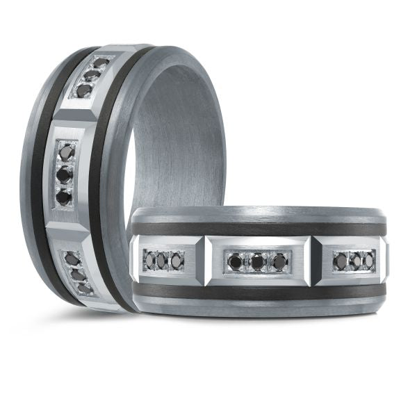 14K White Gold, Tantalum, Carbon-Fiber and 0.14cttw Black Diamond Mens Band