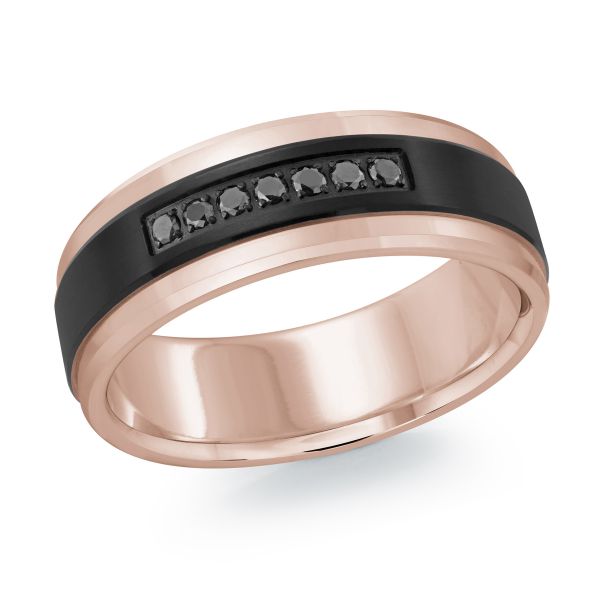 14K Rose Gold, Titanium and 0.11cttw Black Diamond Mens Band