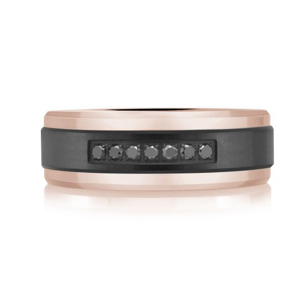 14K Rose Gold, Titanium and 0.11cttw Black Diamond Mens Band