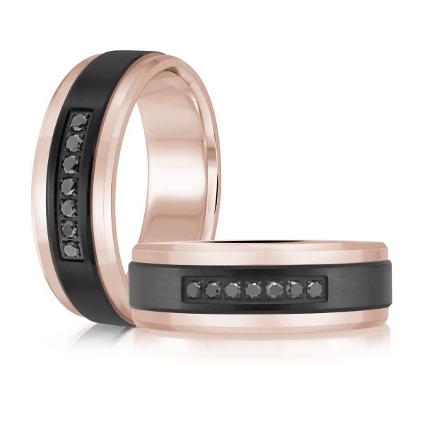 14K Rose Gold, Titanium and 0.11cttw Black Diamond Mens Band