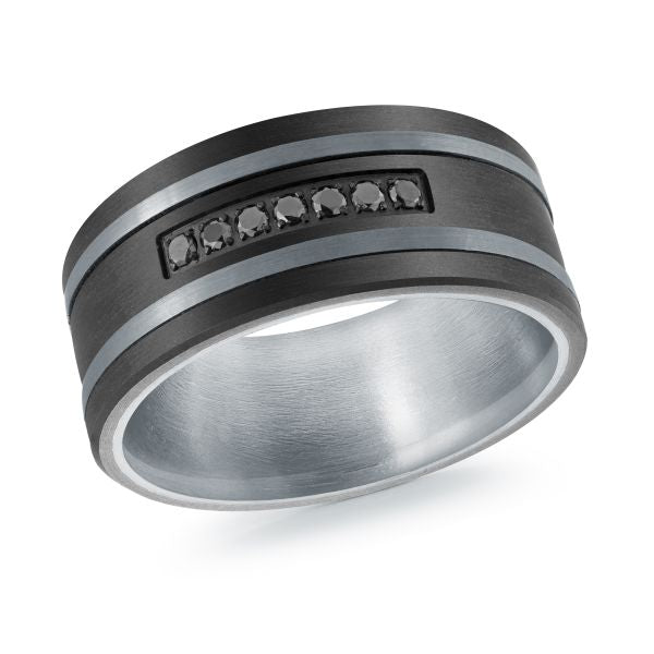 14K White Gold, Tantalum, Titanium, Carbon-Fiber and 0.11cttw Black Diamond Mens Band