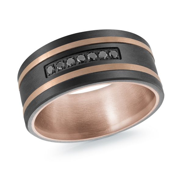 14K Rose Gold, Titanium and 0.11cttw Black Diamond Mens Band