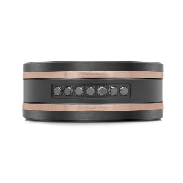 14K Rose Gold, Titanium and 0.11cttw Black Diamond Mens Band