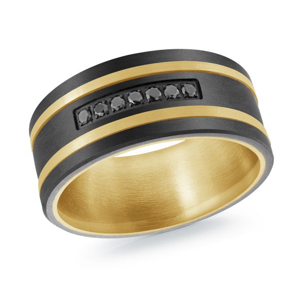 14K Yellow Gold, Titanium, Carbon-Fiber and 0.11cttw Black Diamond Mens Band