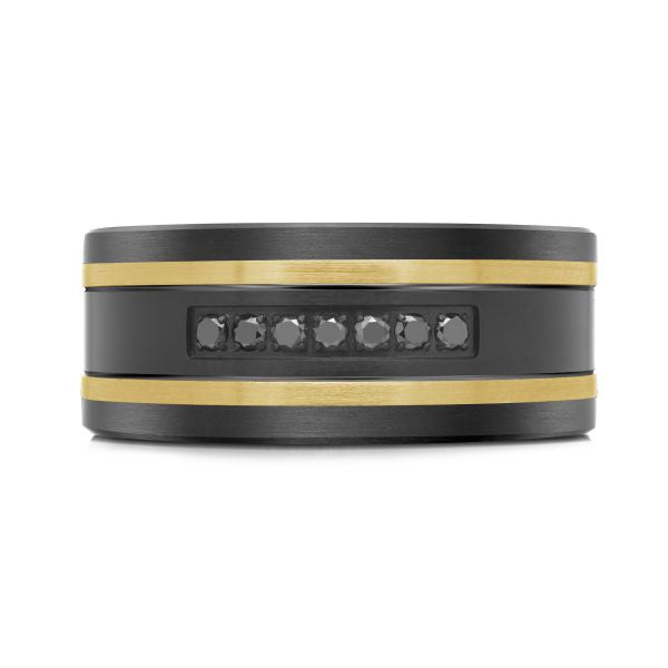 14K Yellow Gold, Titanium, Carbon-Fiber and 0.11cttw Black Diamond Mens Band