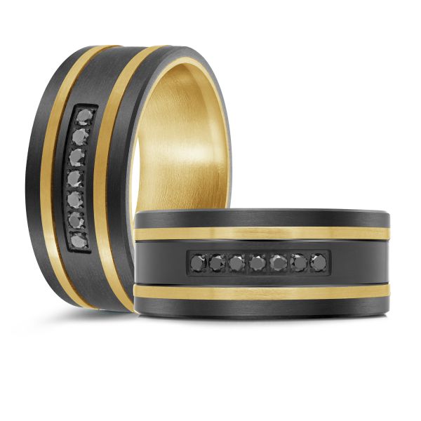 14K Yellow Gold, Titanium, Carbon-Fiber and 0.11cttw Black Diamond Mens Band