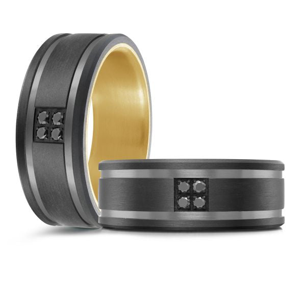 14K Yellow Gold, Titanium, Tantalum, Carbon-Fiber and 0.11cttw Black Diamond Mens Band