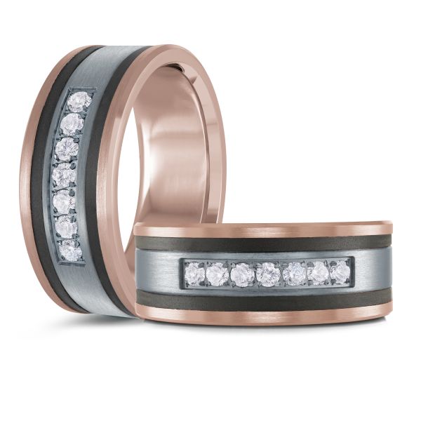 14K Rose Gold, Tantalum, Carbon-Fiber and 0.25cttw Diamond Mens Band