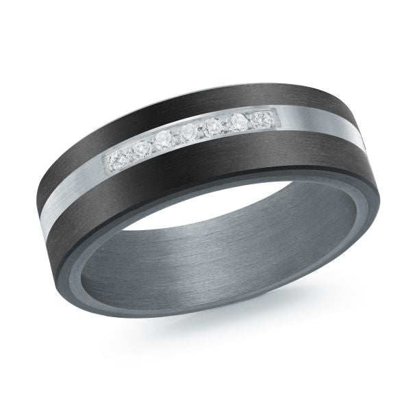 14K White Gold, Tantalum, Carbon-Fiber and 0.11cttw Diamond Mens Band