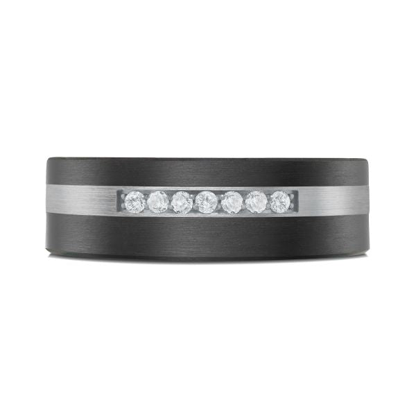 14K White Gold, Tantalum, Carbon-Fiber and 0.11cttw Diamond Mens Band