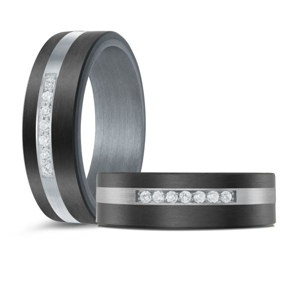 14K White Gold, Tantalum, Carbon-Fiber and 0.11cttw Diamond Mens Band