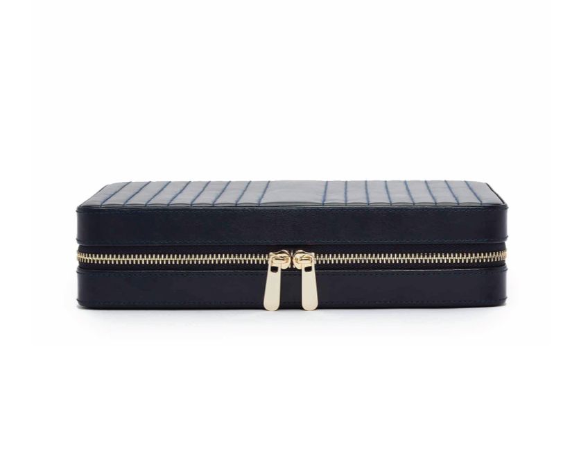 A navy blue leather jewellery case with gold zippers, part of the Maria collection.