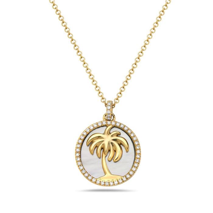 14K Yellow Gold and 0.11cttw Diamond with Mother of Pearl Palm Tree Necklace, 18 inches