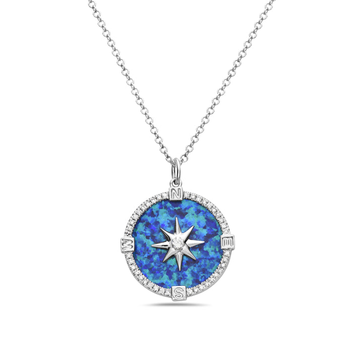 14K White Gold and 0.12cttw Diamond with Opal Compass Necklace, 18 inches