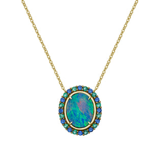 10K Yellow Gold Australian Opal Doublet Necklace with Emerald & Sapphire Halo