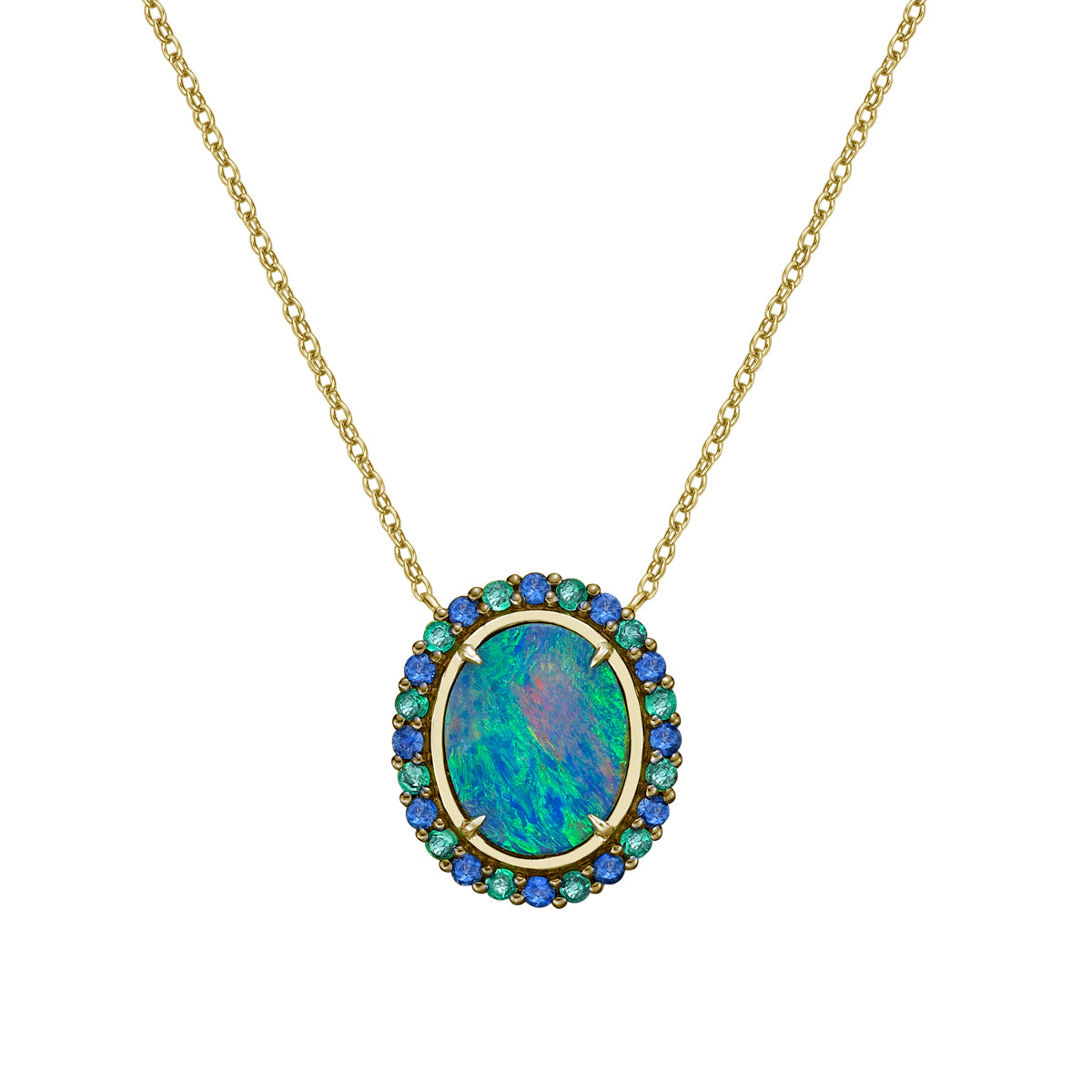 10K Yellow Gold Australian Opal Doublet Necklace with Emerald &amp; Sapphire Halo