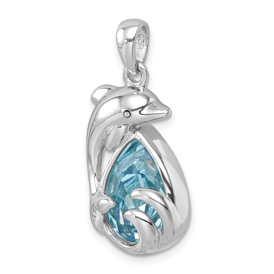 Sterling Silver Rhodium-plated Polished Crystal Dolphin Pendant