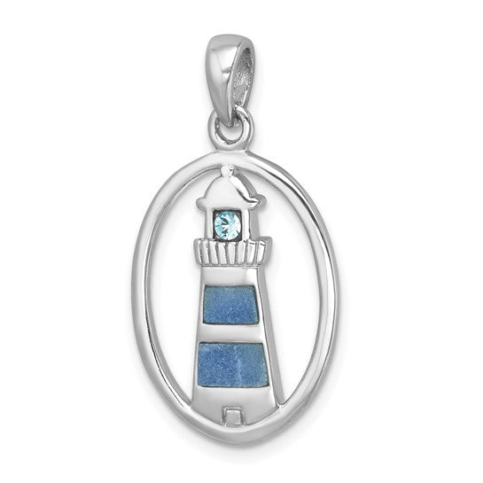 Sterling Silver Rhodium-Plated Polished Oval Adventurine and CZ Lighthouse Pendant