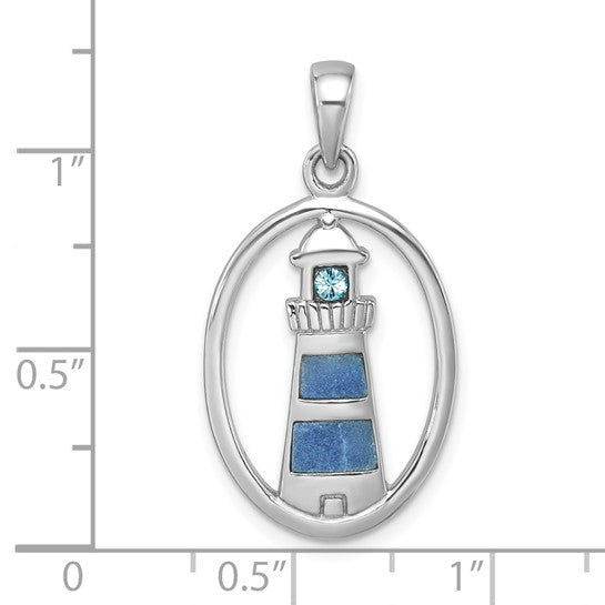 Sterling Silver Rhodium-Plated Polished Oval Adventurine and CZ Lighthouse Pendant