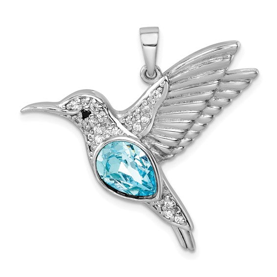 Sterling Silver Rhodium-plated Polished Crystal Hummingbird Pendant