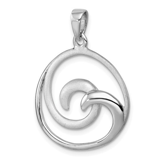 Sterling Silver Rhodium-Plated Polished and Brushed Double Wave Pendant