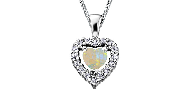 10K White Gold Opal and Diamond Heart Necklace, 18&quot;